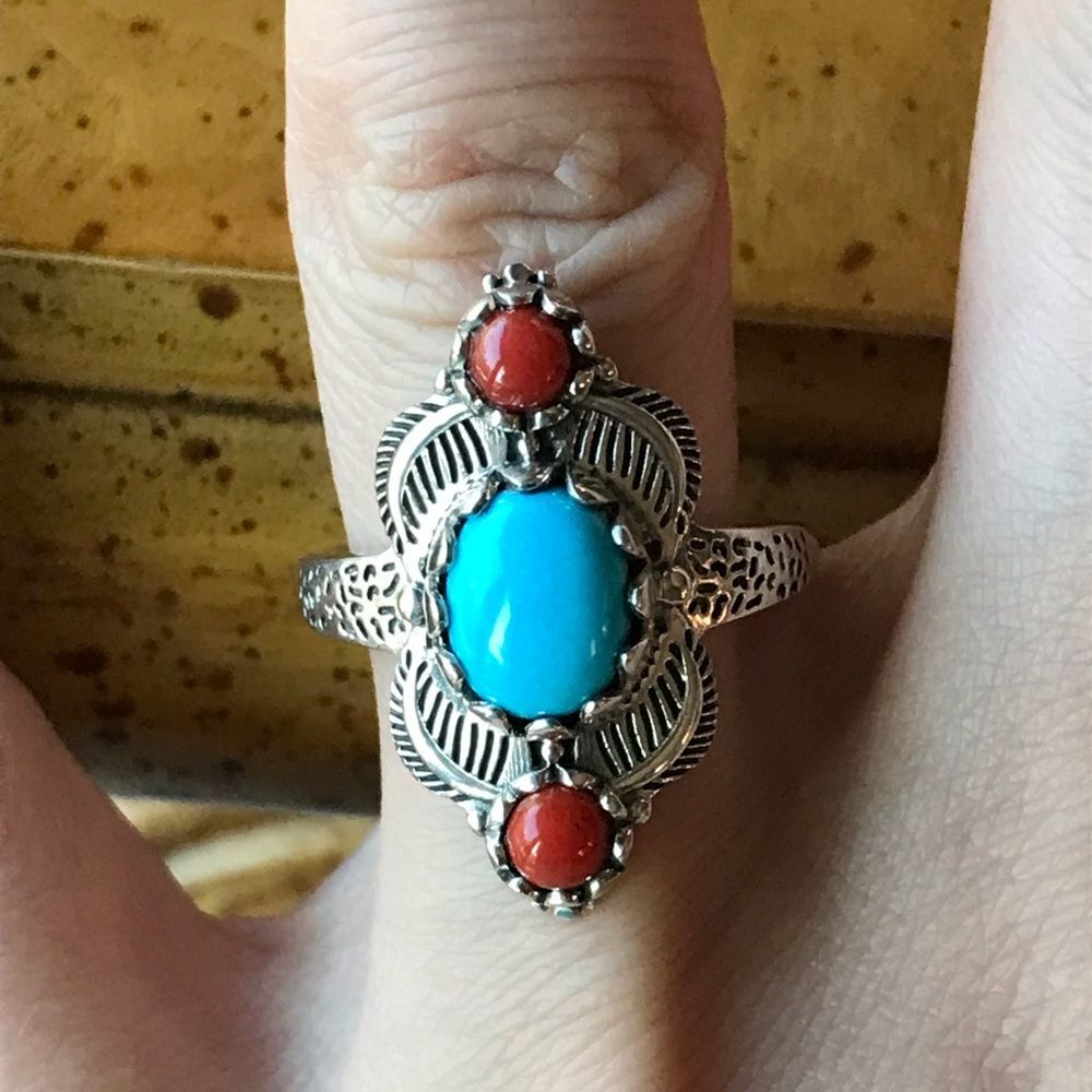 Sleeping Beauty Turquoise Coral Sterling Silver Feather Ring Size 8